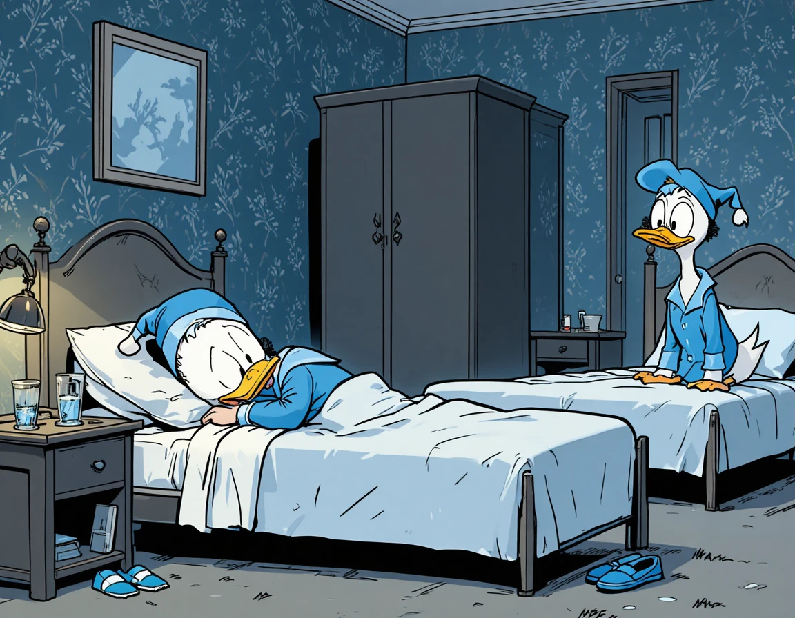 Due anatre con cuffiette da notte compaiono in una scena di camera da letto in stile fumetto