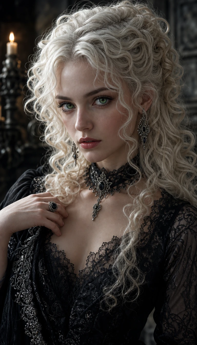 Une jeune femme aux boucles blond platine dans un portrait gothique