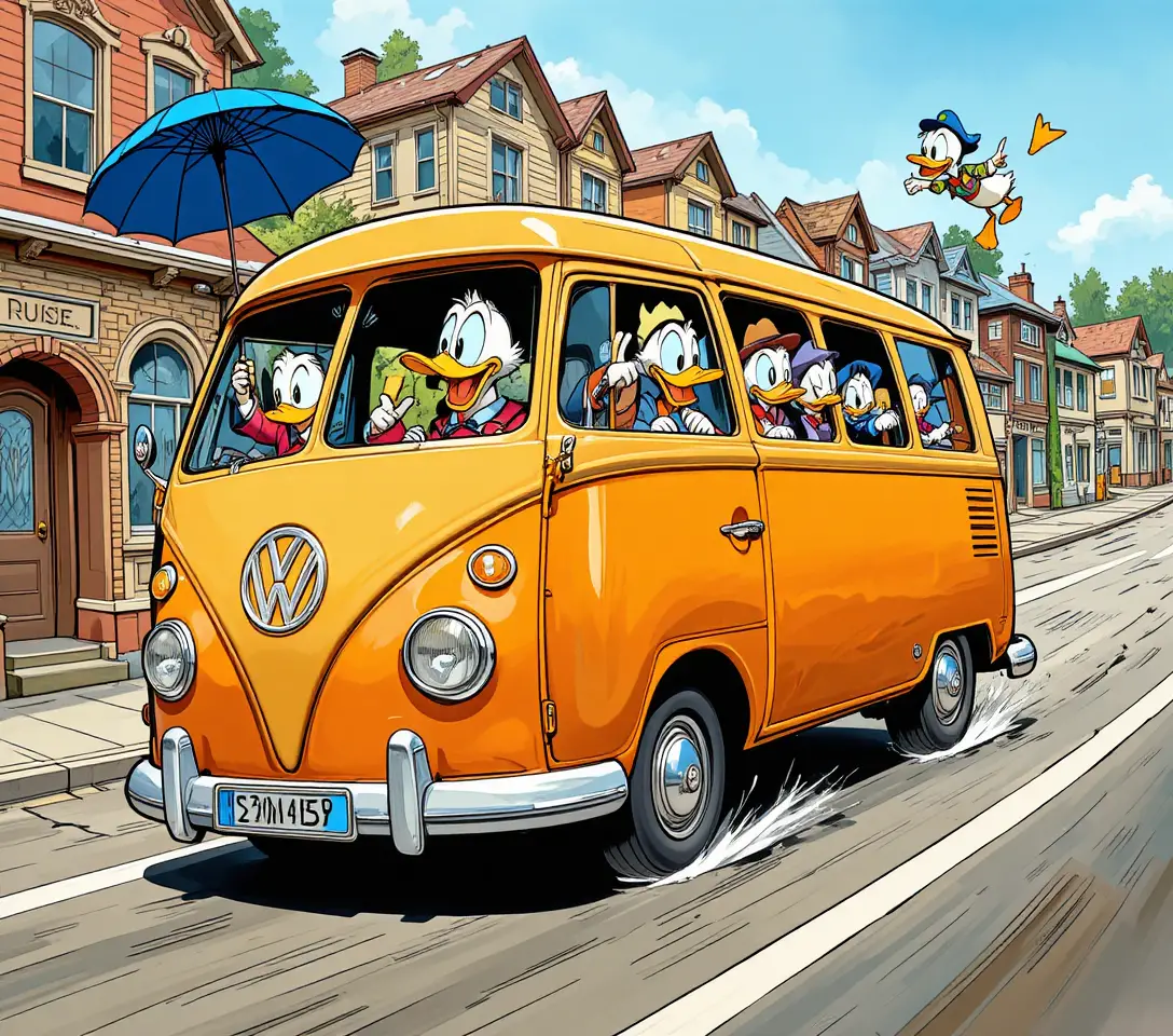 A Volkswagen bus races through town with Donald Duck at the wheel