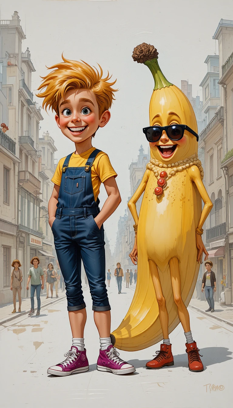 Um menino alegre e seu cão atento em um quadrinho colorido