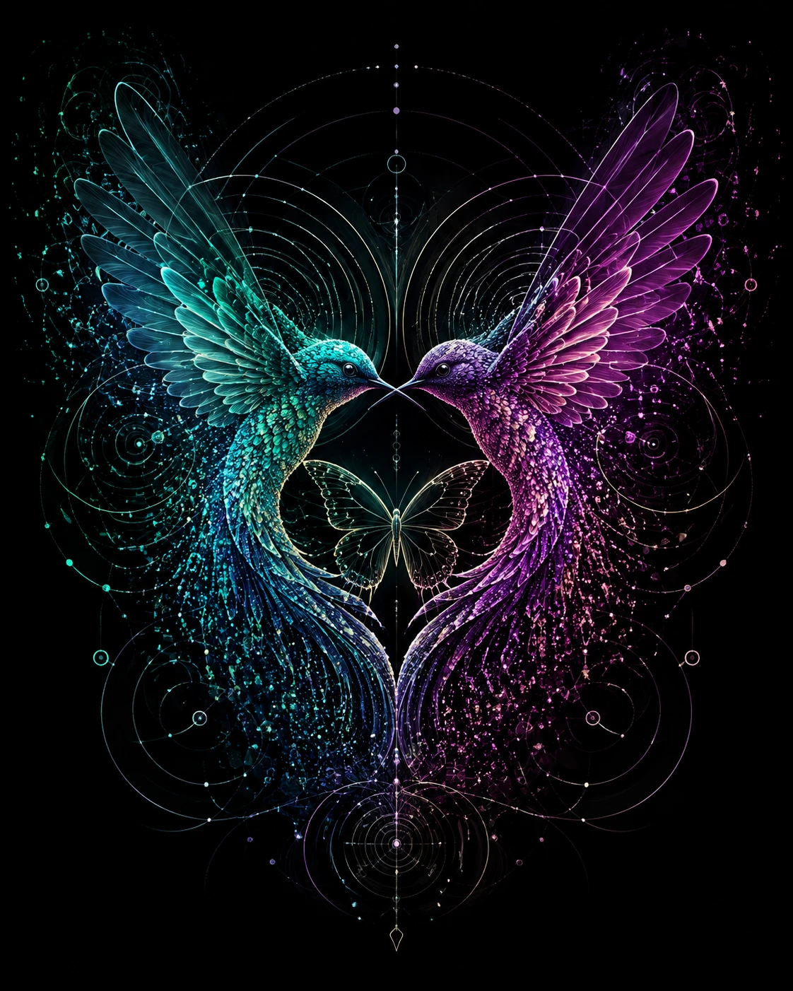 Two hummingbirds face each other amid luminous geometric rings