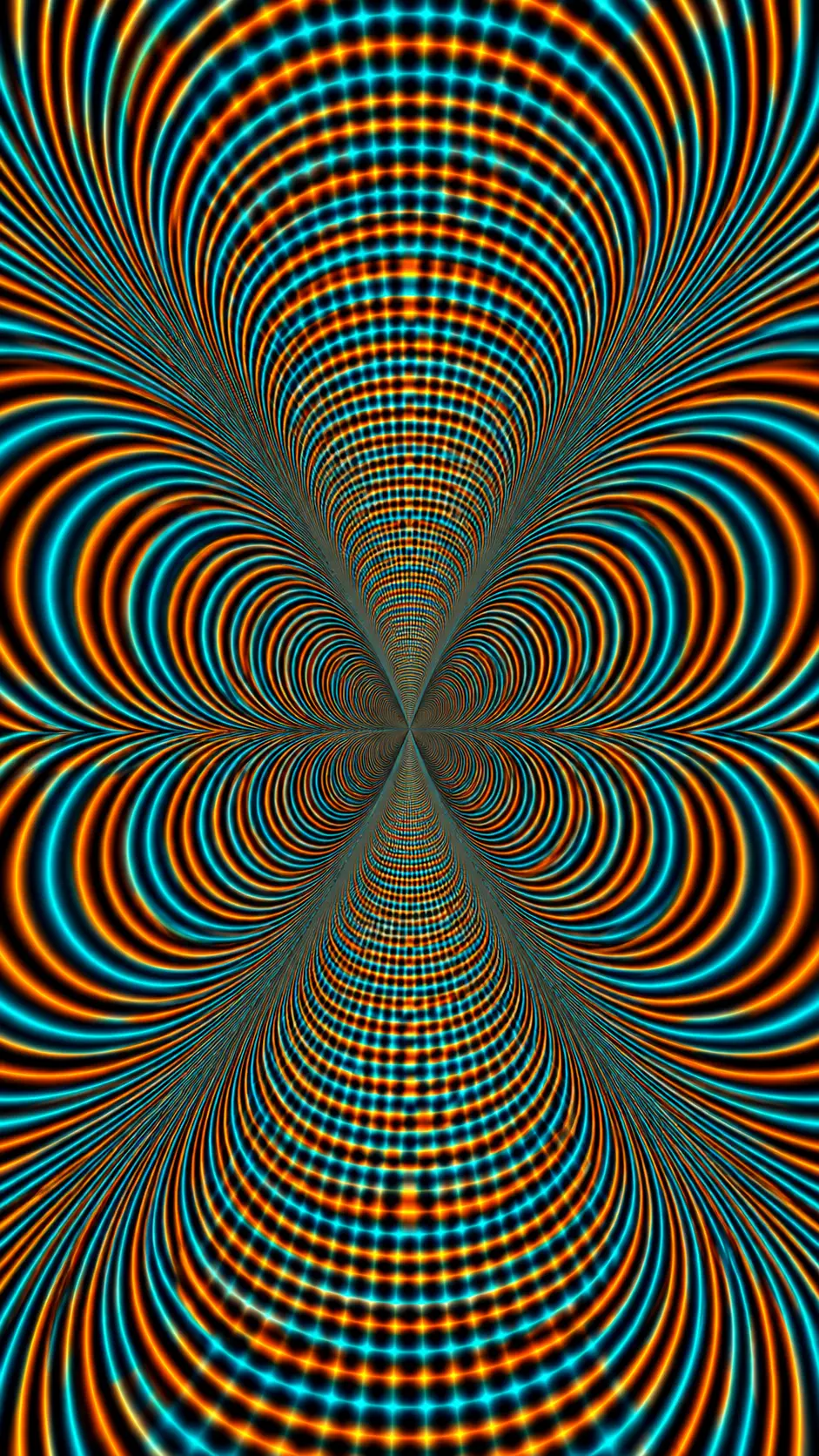 Neon op art lines twist into a pulsating black optical tunnel
