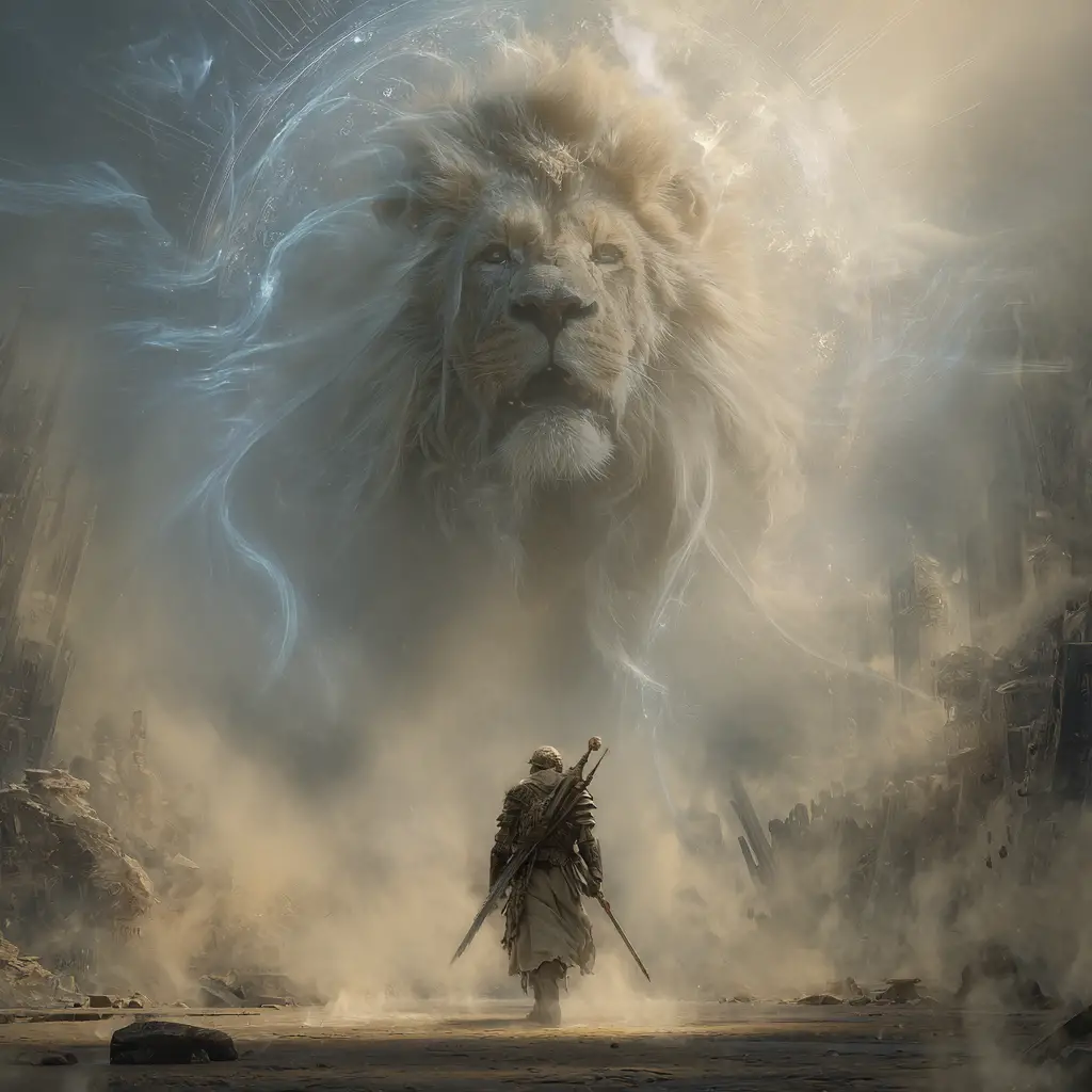 An old warrior crosses a fallen kingdom beneath a rising lion spirit