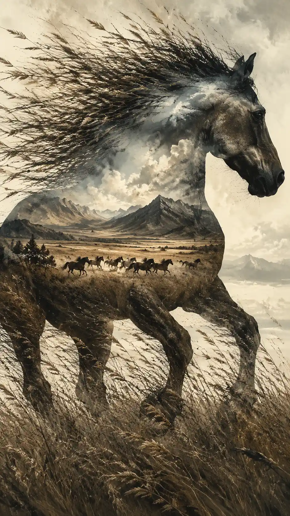 A Running Horse Silhouette Filled With a Vast Prairie Landscape