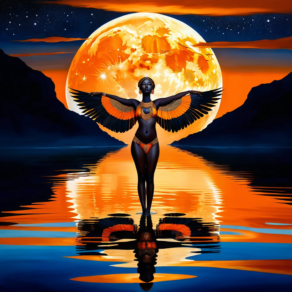 Uma mulher africana está em um penhasco sob uma lua brilhante