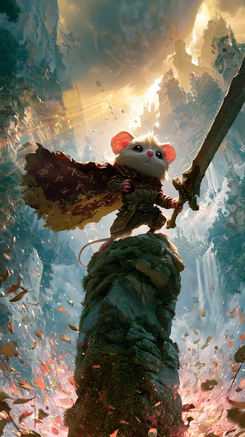 A tiny mouse hero wields an enchanted sword atop a mossy stone pillar
