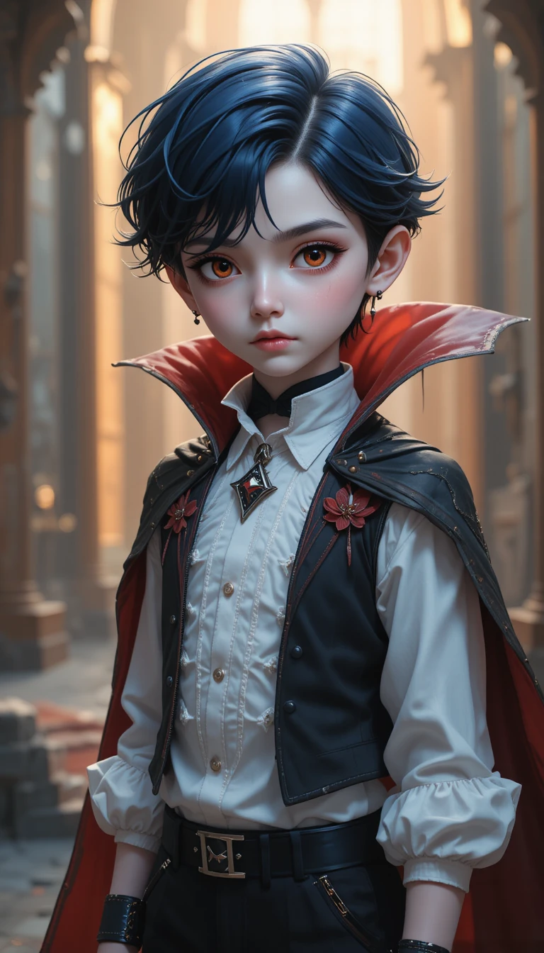 Um rapaz vampiro de anime com pele pálida, olhos vermelhos e uma capa curta