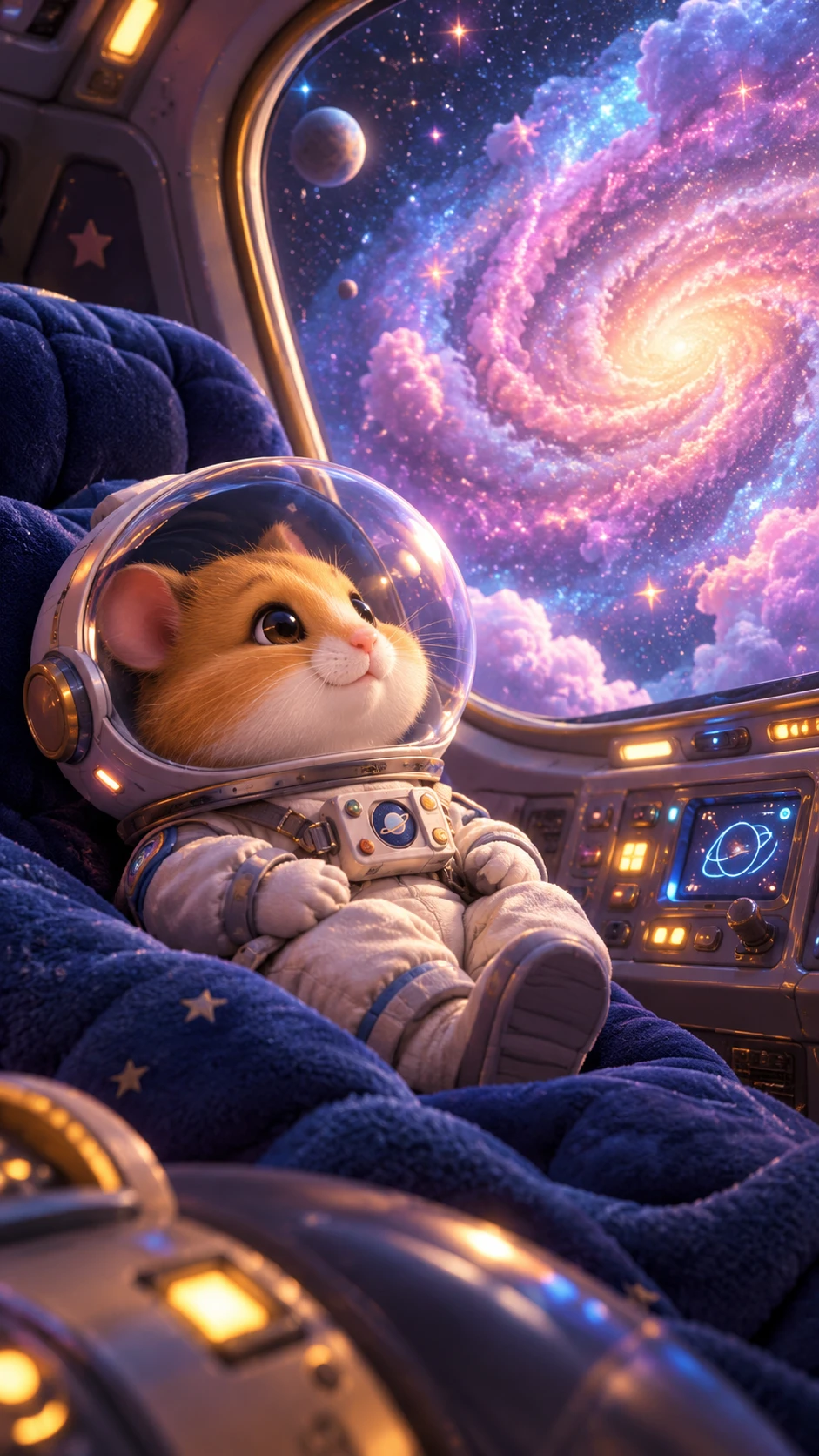 Un hamster astronaute flotte tranquillement dans le cockpit douillet d’un vaisseau spatial