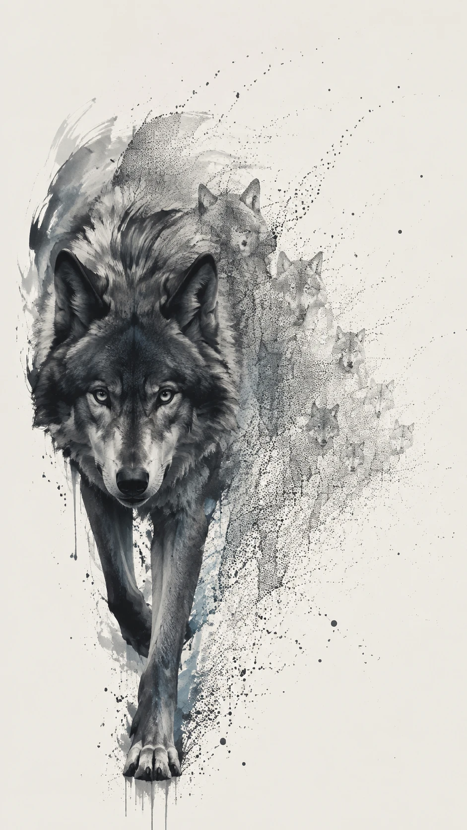 Um lobo-cinzento avança entre traços de tinta marcantes e pontilhismo digital fragmentado