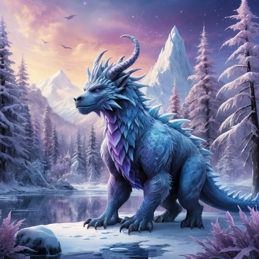 Des yétis et des dragons de glace parcourent un paradis hivernal enneigé sous un ciel saphir et améthyste