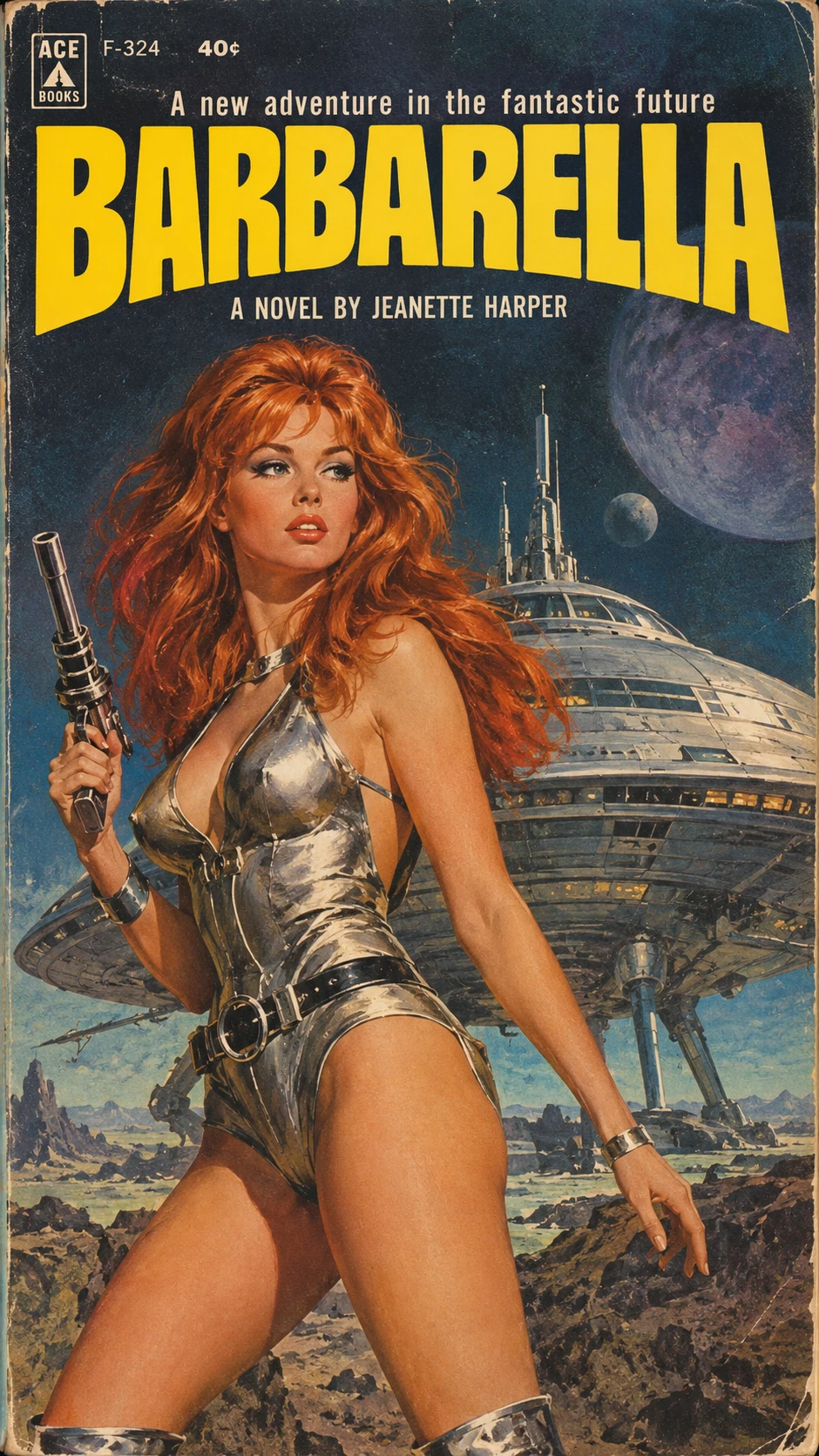 Uma mulher de longos cabelos ruivos diante de uma nave espacial retrô