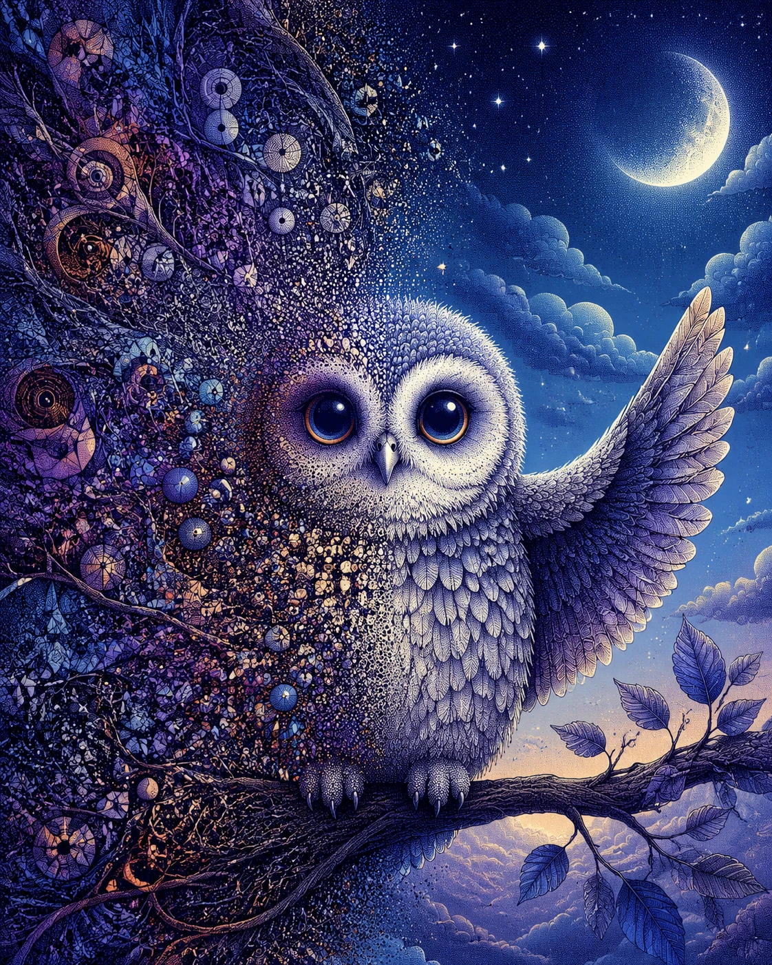 A baby owl balances chaos and calm within a swirling visual storm
