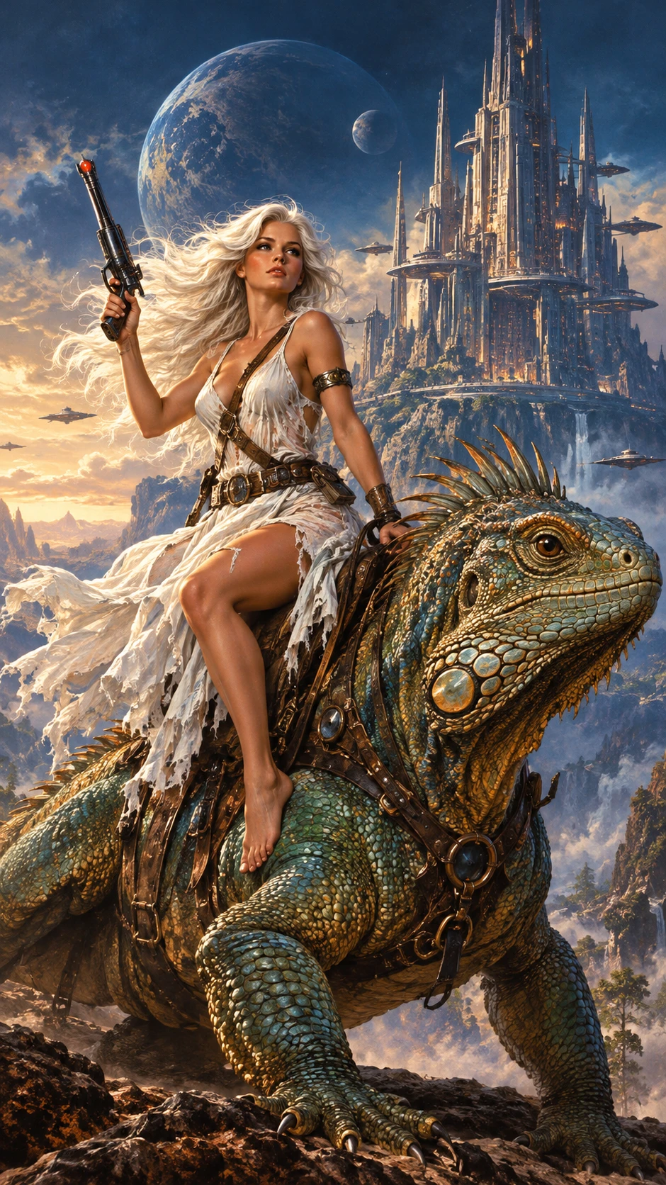 White-haired woman sits atop a giant alien lizard