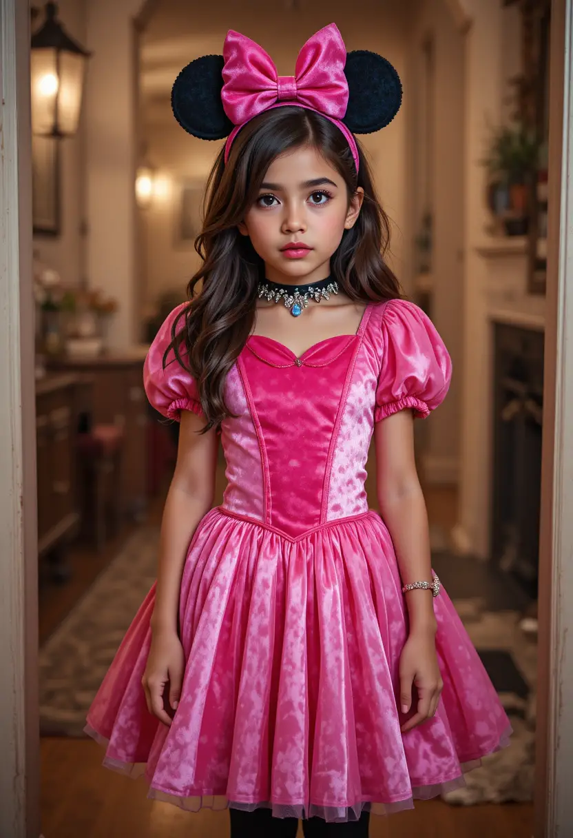 A nervous Hispanic tween boy in a princess costume stands in a doorway on Halloween