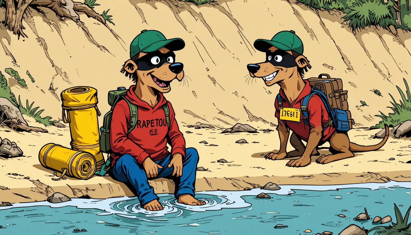 Zwei Cartoon-Hunde sitzen bei einem Campingausflug am Wasser