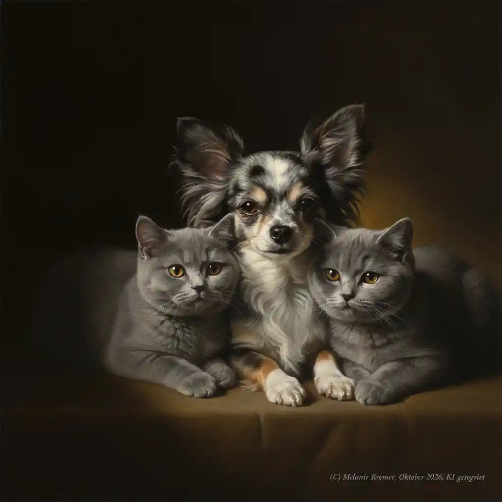 Um Chihuahua e dois gatos cinzentos descansam juntos sob uma luz de claro-escuro