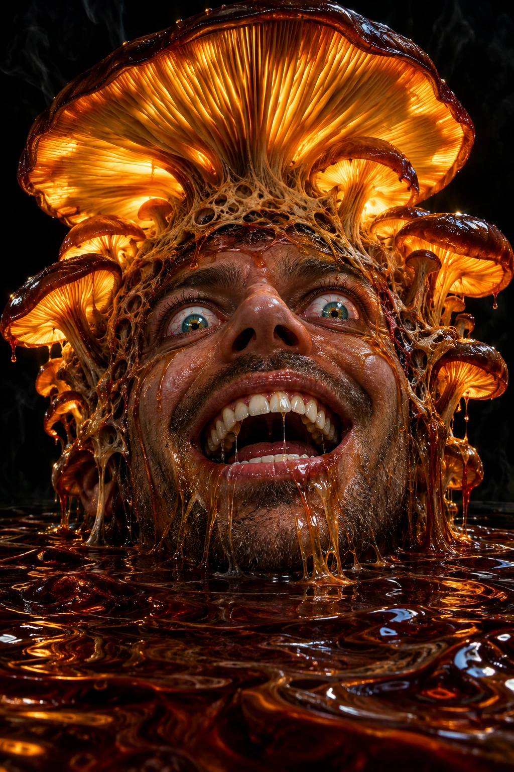 Um homem emerge de um fluido viscoso sob uma coroa de cogumelos luminosos