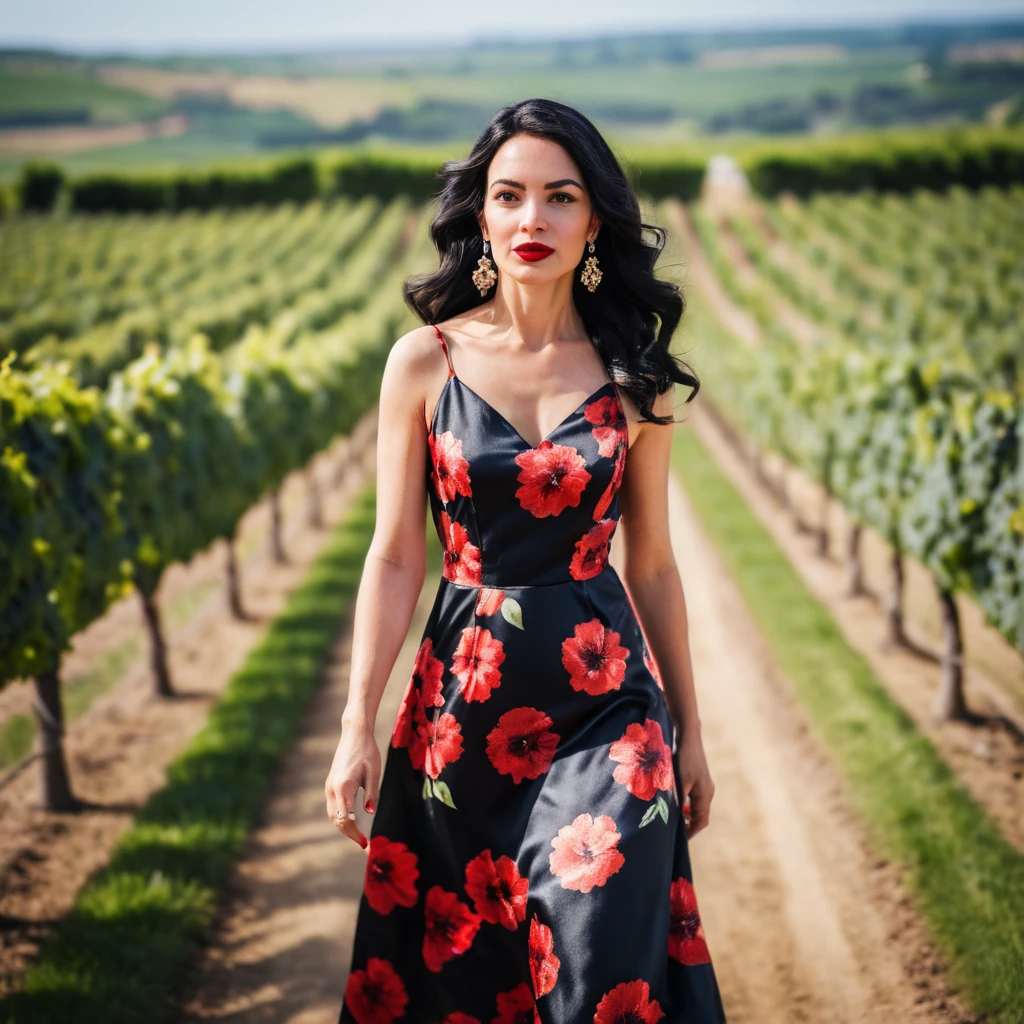 Uma francesa caminha por um vinhedo com um vestido de cetim floral