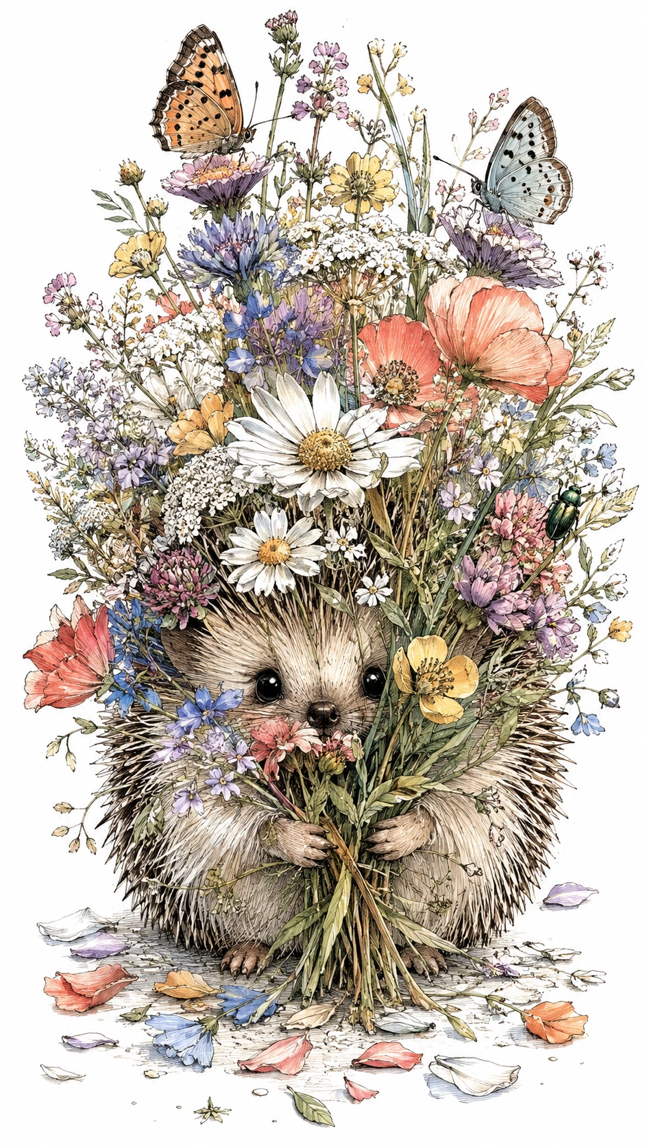 Um pequeno ouriço espreita por entre um enorme buquê de flores silvestres