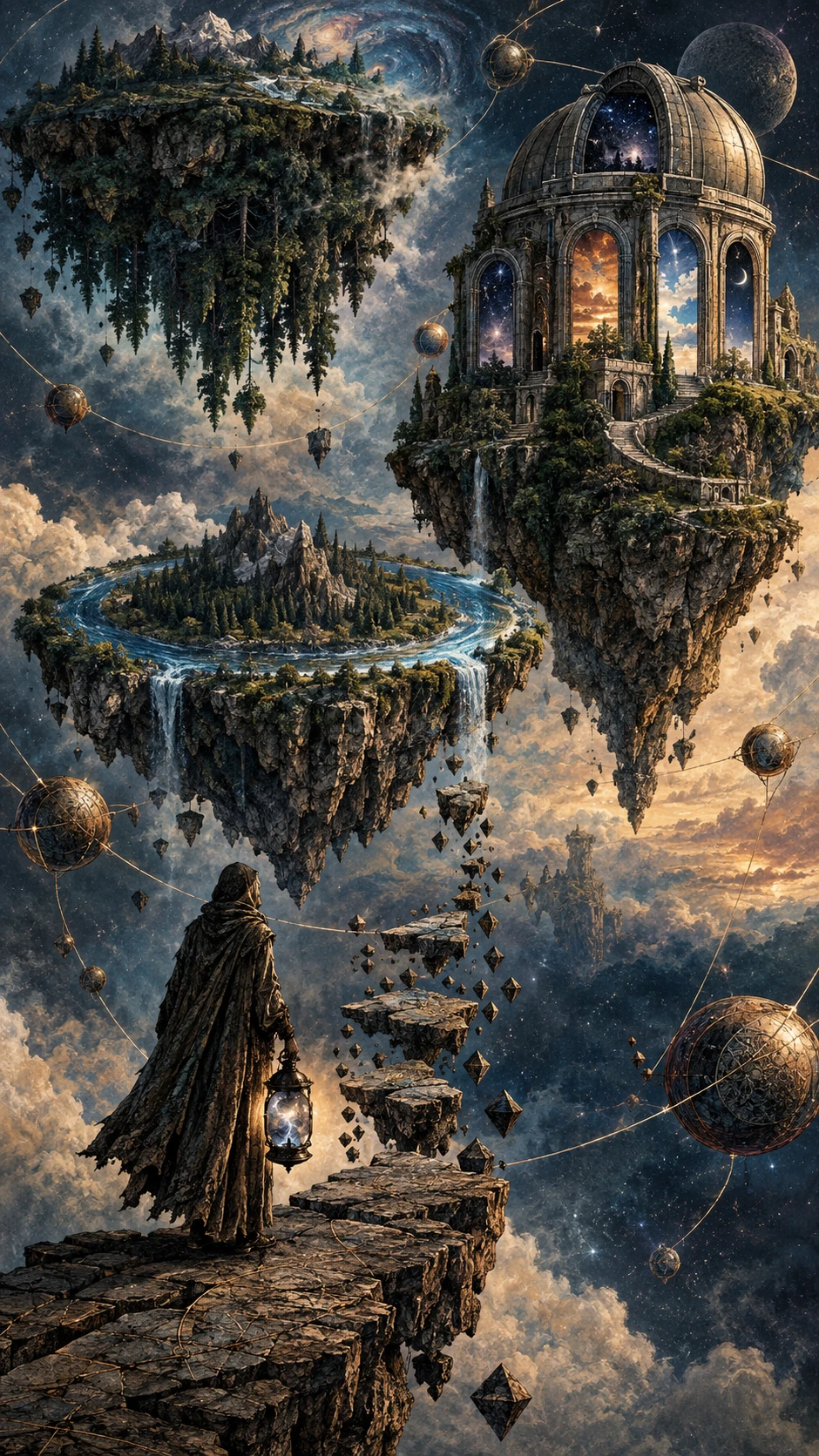 Enormes islas flotantes atraviesan un vacío celeste surrealista