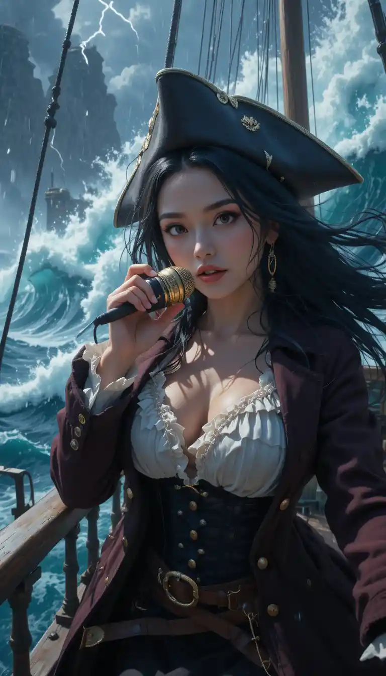 Capitana pirata de anime se enfrenta a olas gigantes a bordo de un barco azotado por la tormenta