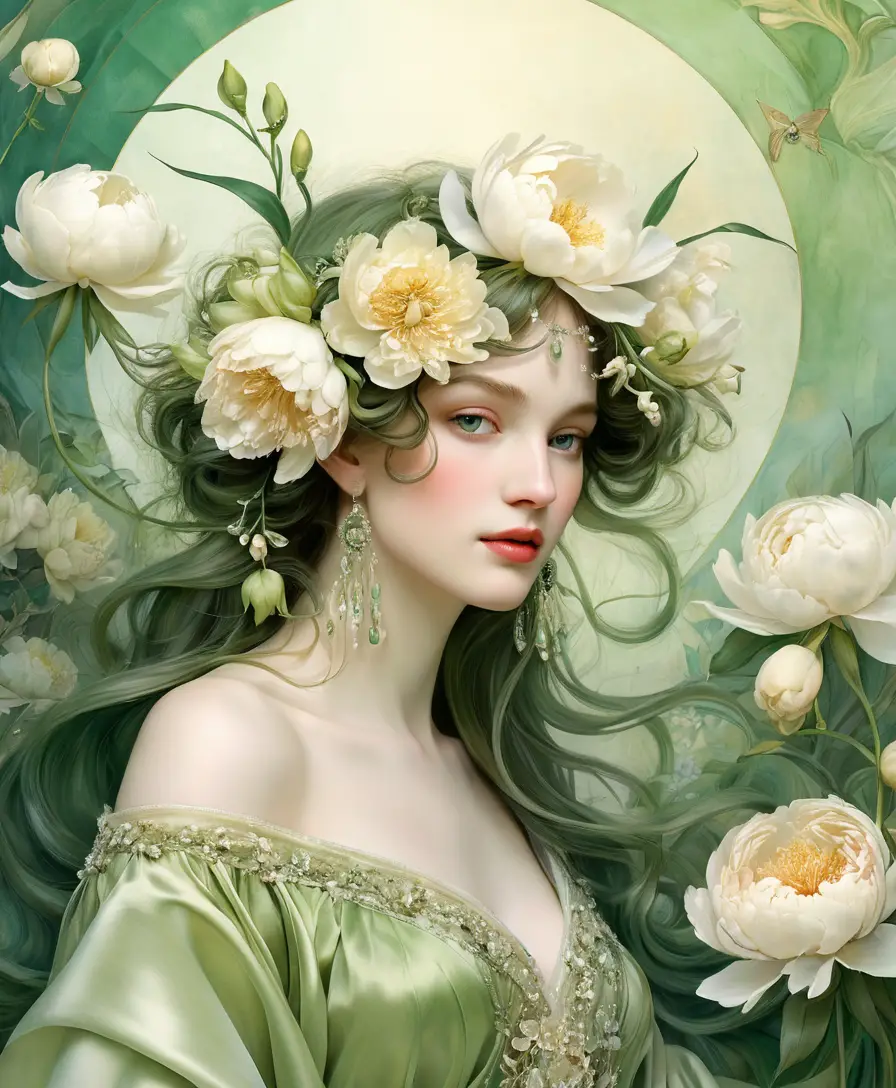 Um espírito da primavera em tons de verde perolado e bege