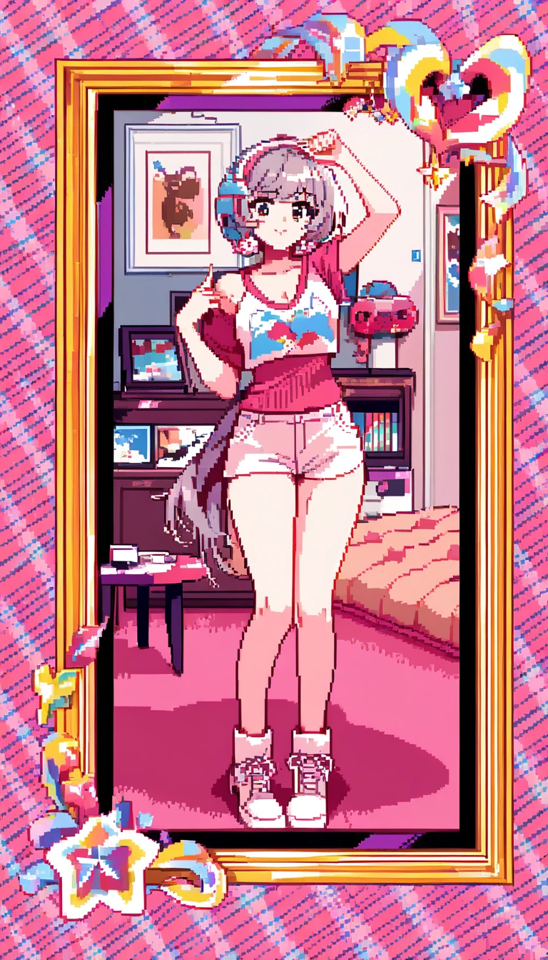 Anime-Mädchen in Pixel Art macht ein Selfie in einem gemütlichen Zimmer