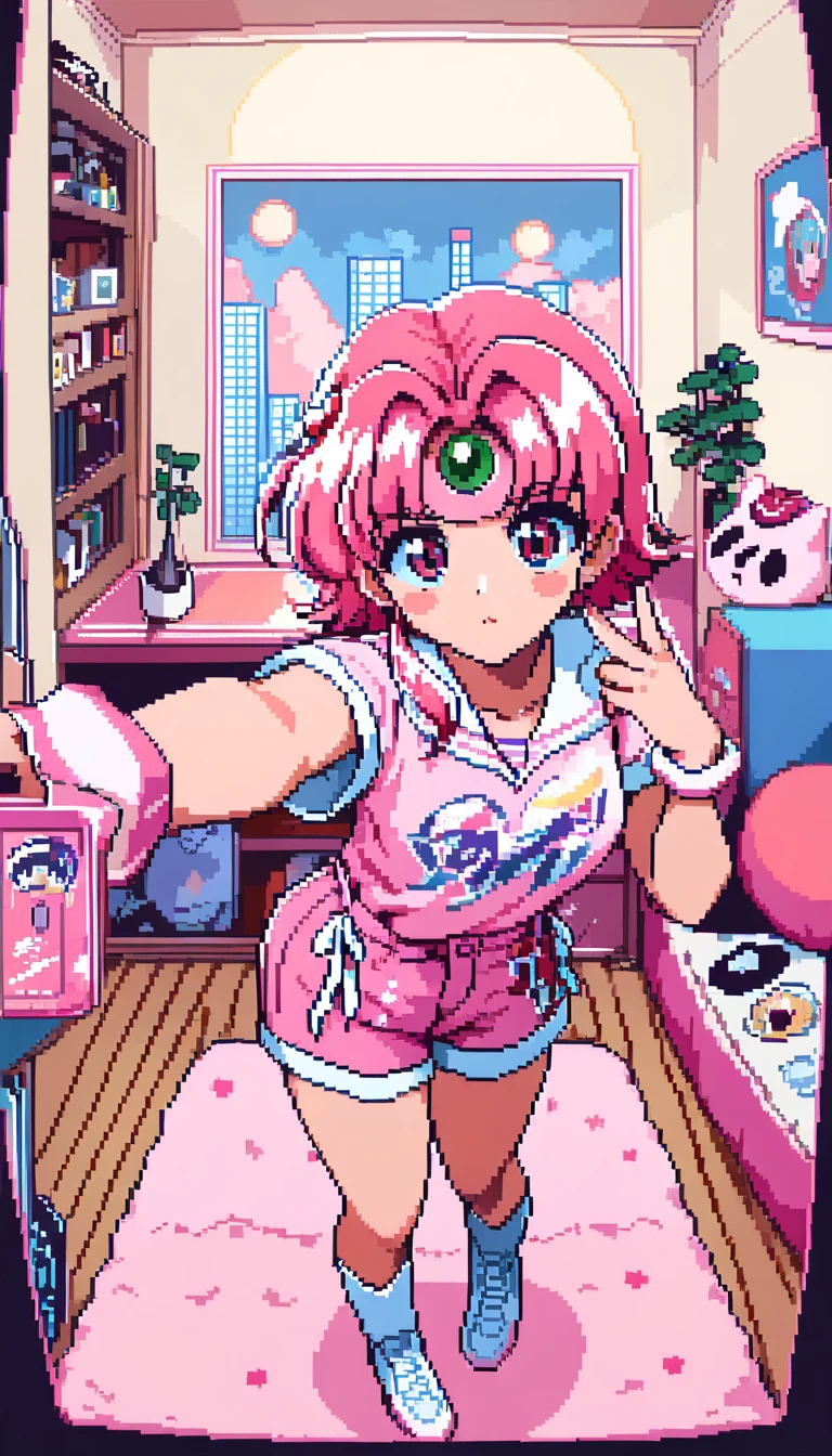 Garota em pixel art com shorts de renda ao lado de um leitor de LaserDisc em um quarto aconchegante