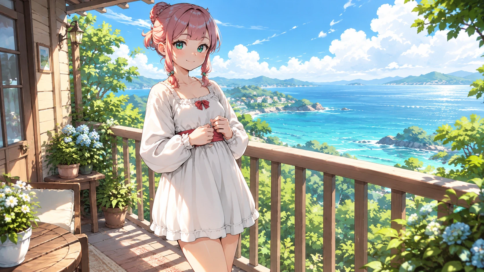 Uma garota de anime com maria-chiquinhas cor-de-rosa está em uma varanda com vista para o oceano
