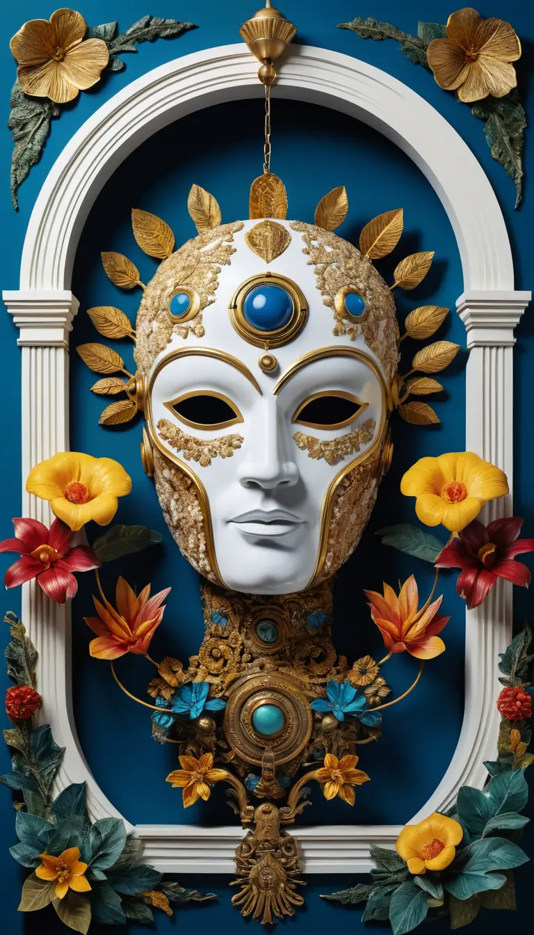 Eine skulpturale Maske mit geteiltem Gesicht unter einem kunstvoll verzierten klassischen Torbogen