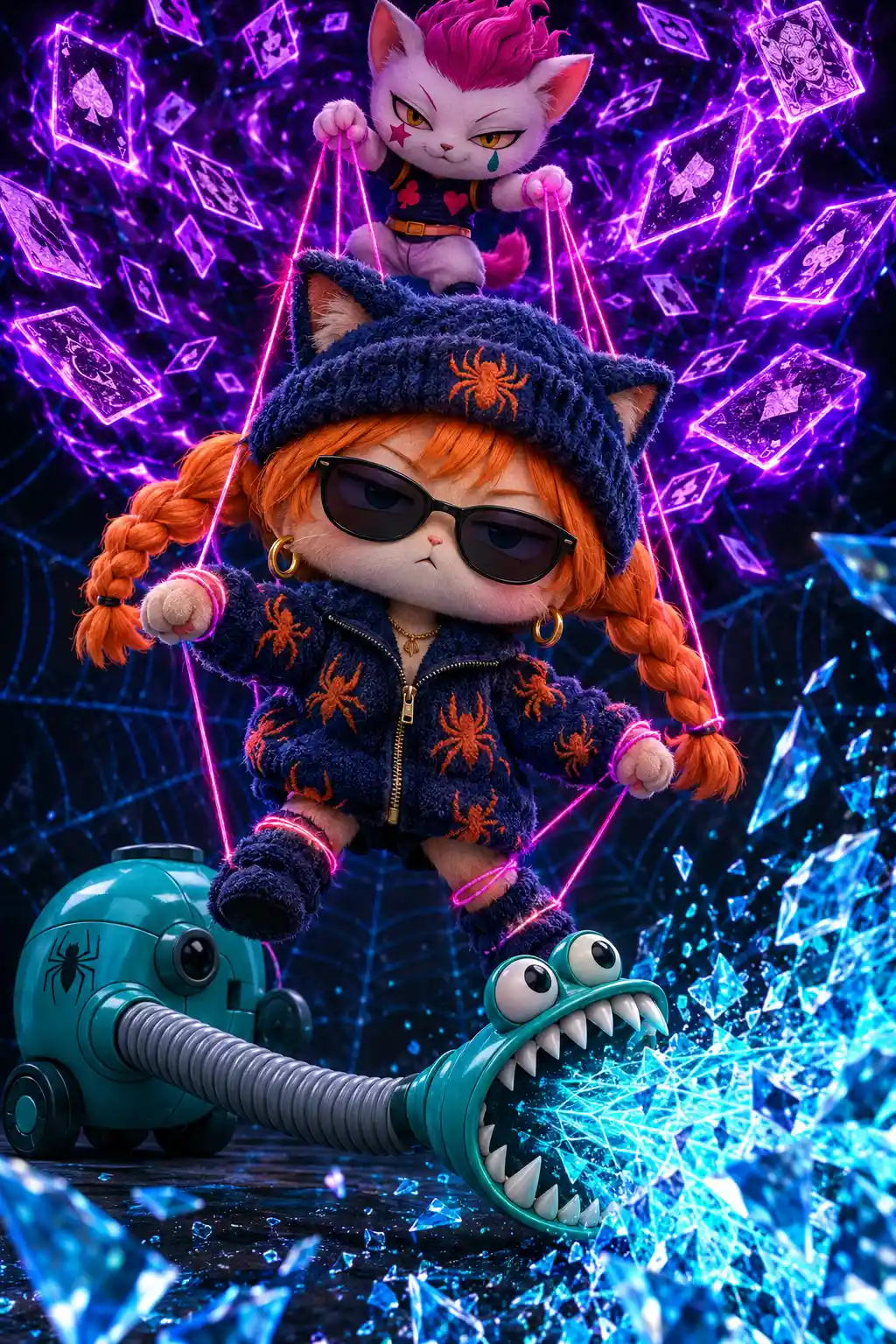 Ein Chibi-Katzenmädchen tritt zwischen leuchtenden Karten einem Puppenspieler entgegen