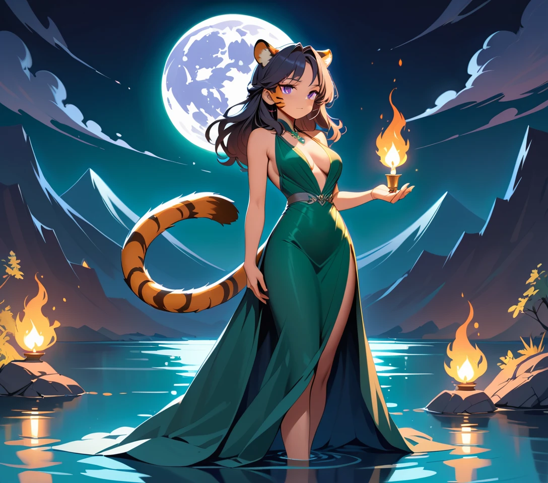 Une femme tigre tient une bougie au bord d’un lac brumeux, la nuit