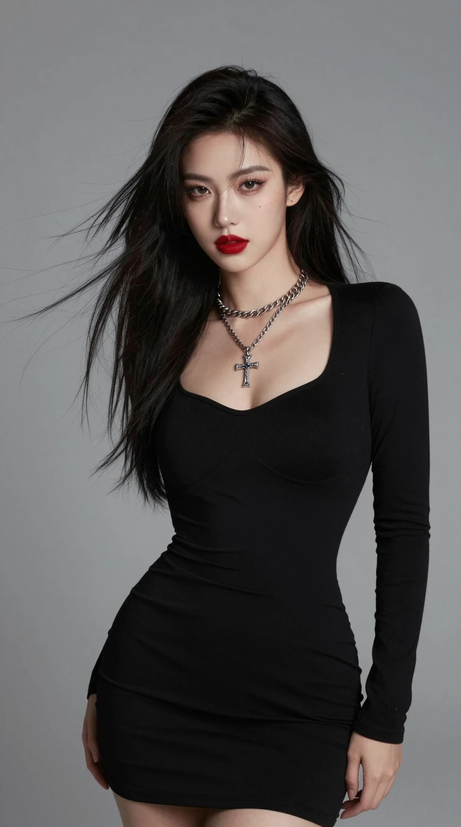 Uma garota com um vestido preto elegante e colares de corrente prateados