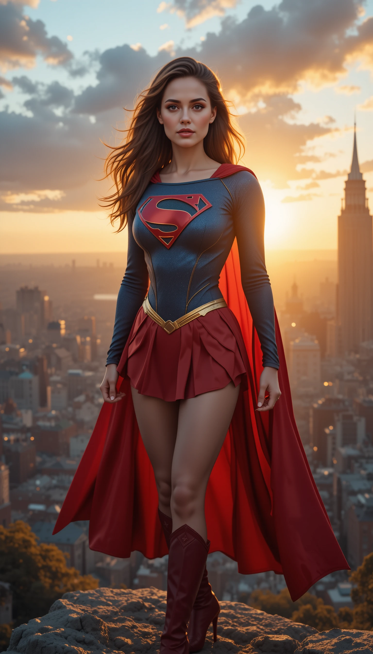 Angelina Jolie como Supergirl posa heroicamente diante de uma metrópole ao pôr do sol