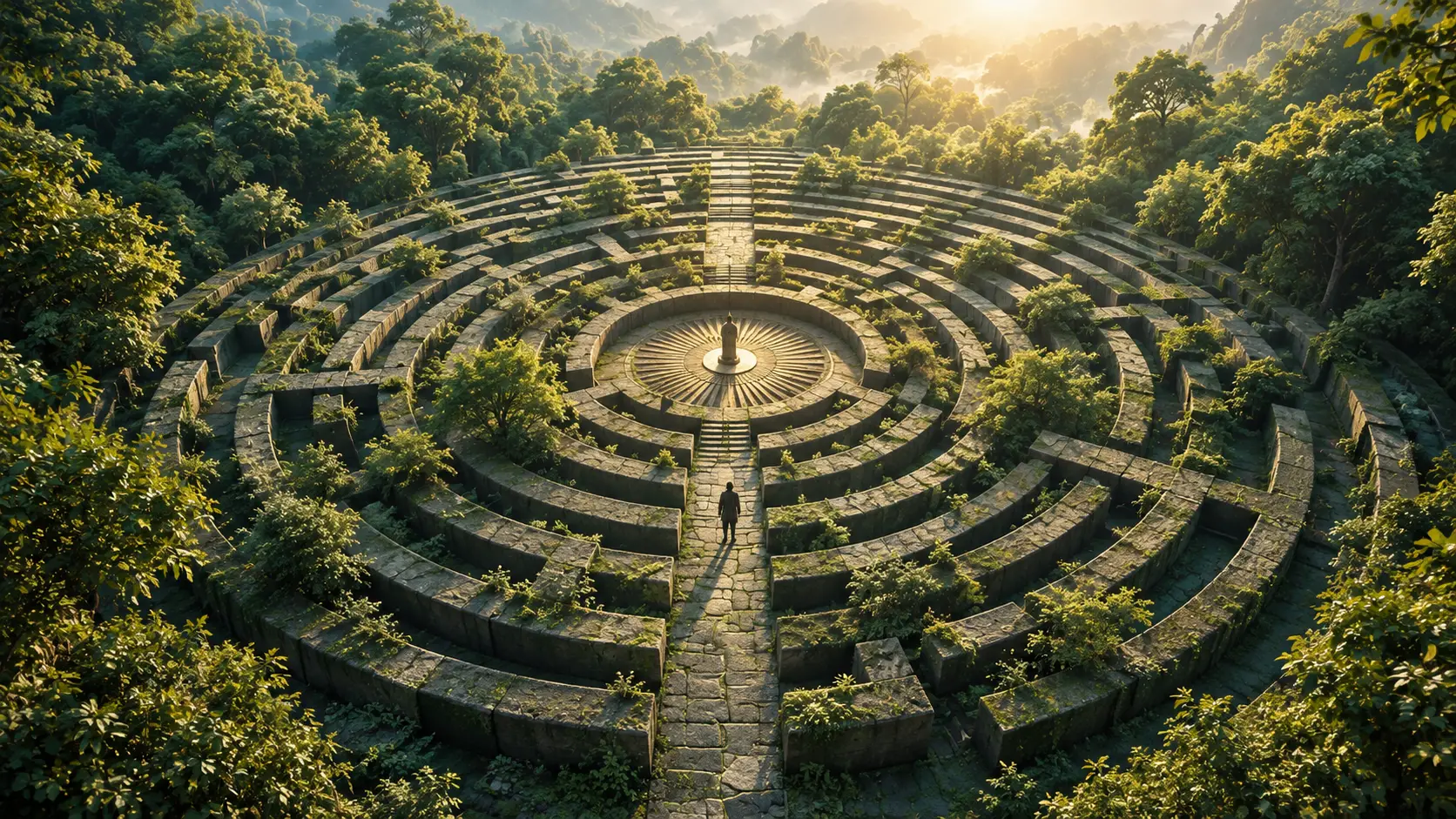 A stone labyrinth winds through a lush, overgrown forest