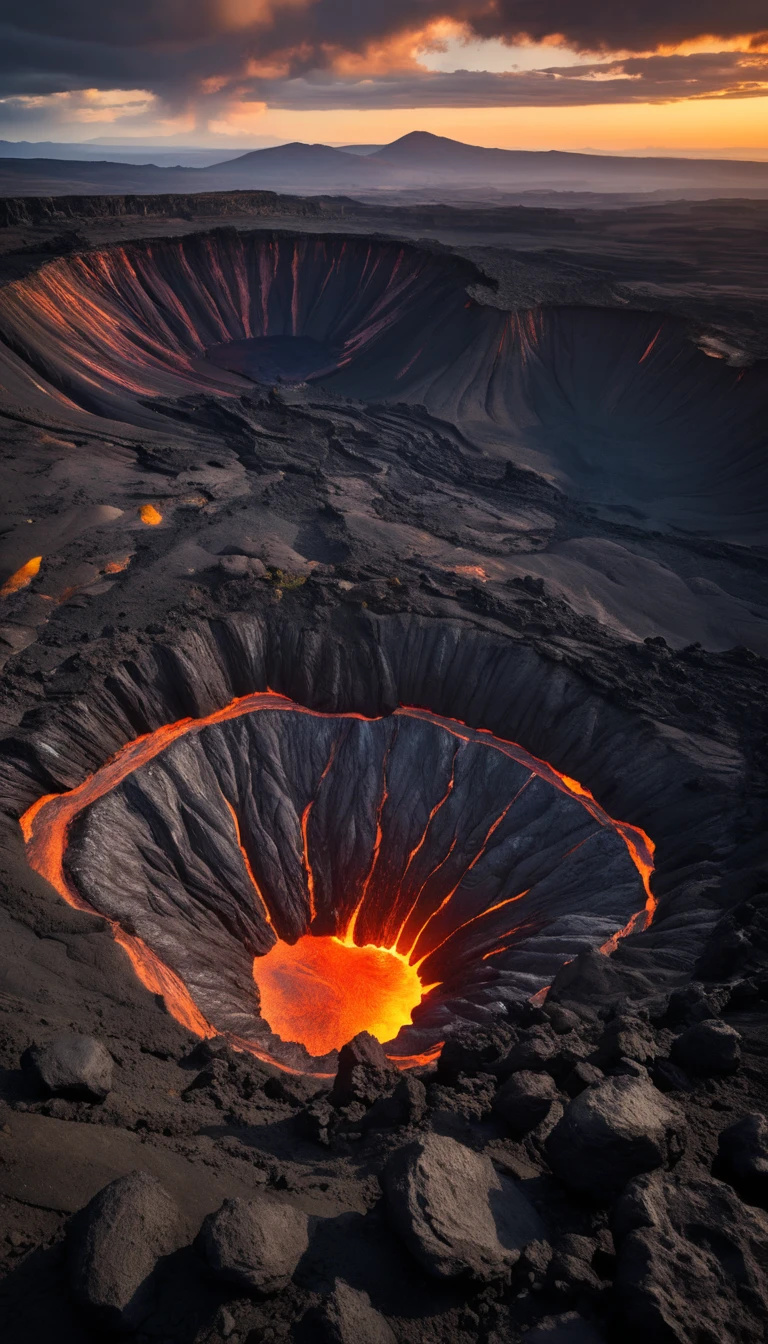 Molten lava glows within a vast volcanic crater at sunset
