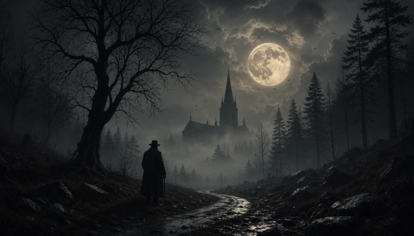 A Lone Figure Stands Beside a Bare Tree on a Foggy Path