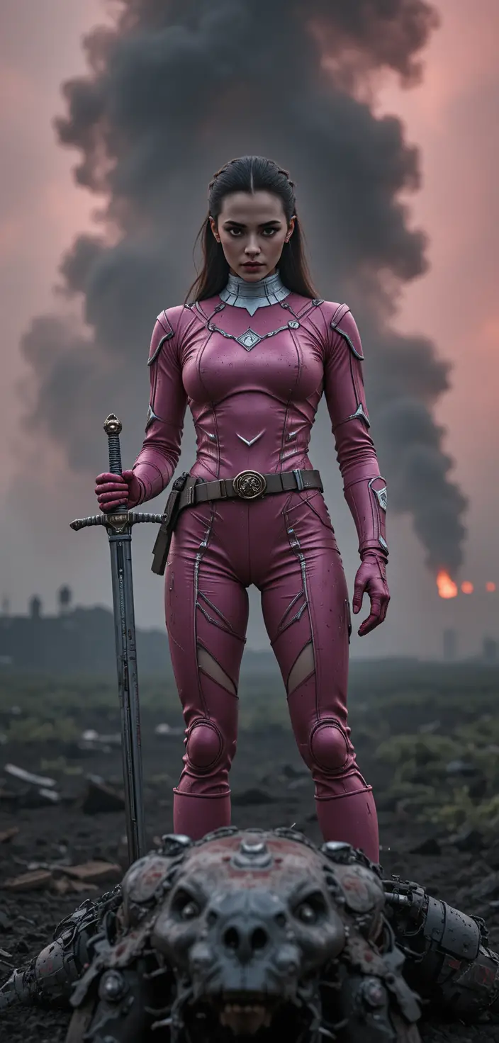 Pink Power Ranger steht auf einem nebligen Schlachtfeld über einem besiegten Mecha-Monster