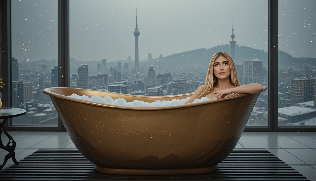 Uma mulher tranquila relaxa em um banho de espuma dourado com vista para uma cidade coberta de neve