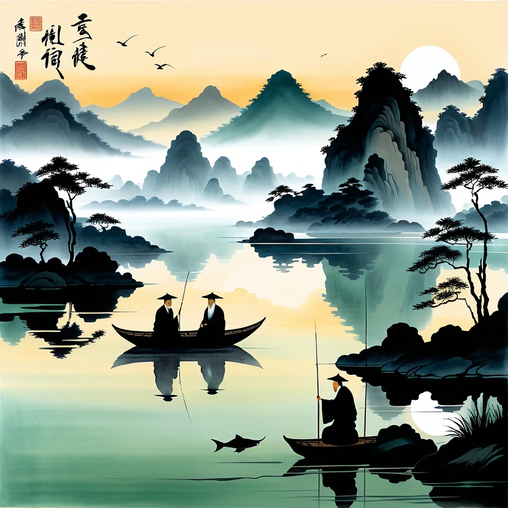 Deux lettrés chinois méditent au bord d’un lac paisible dans une peinture ancienne