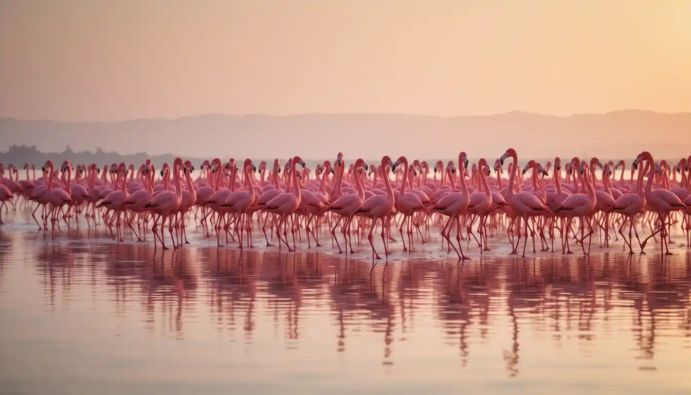 Flamingos cor-de-rosa caminham juntos por um pântano raso e tranquilo