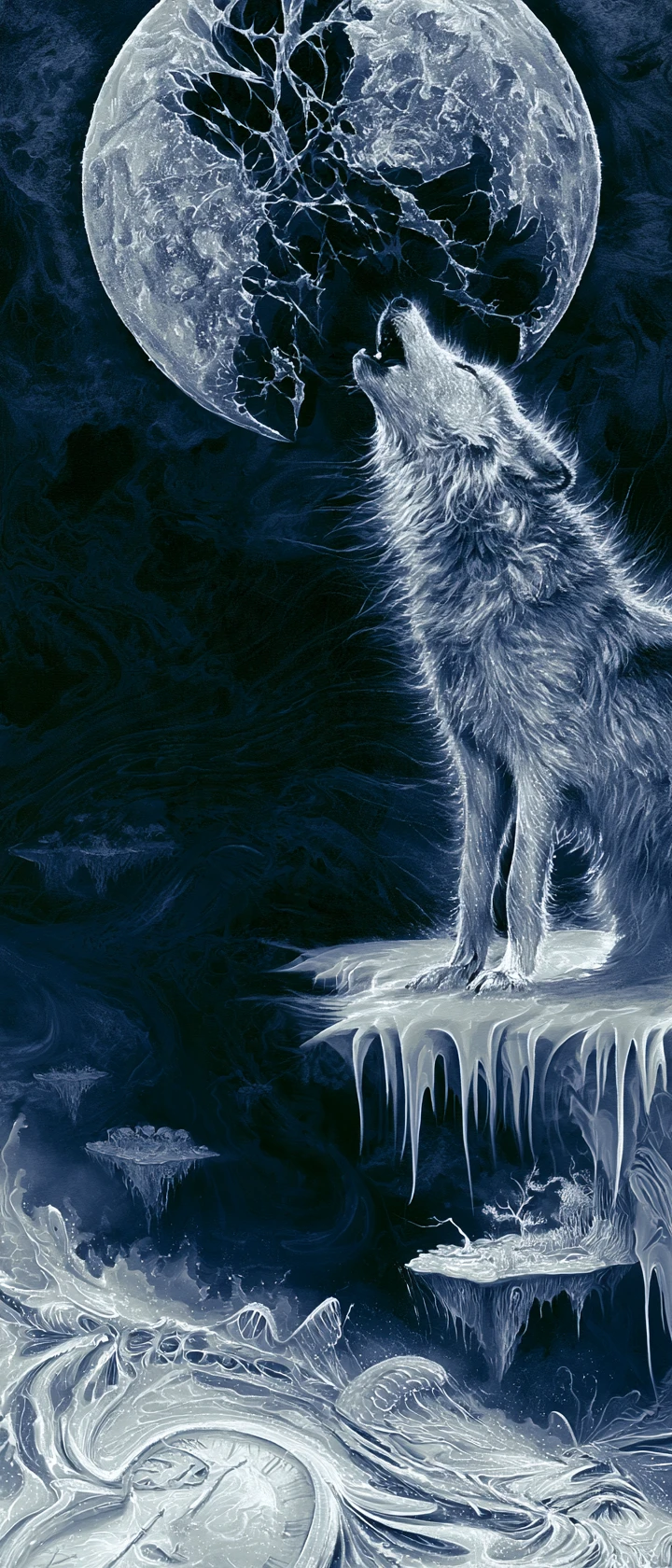 A lone wolf howls beneath a fractured moon from a precipice
