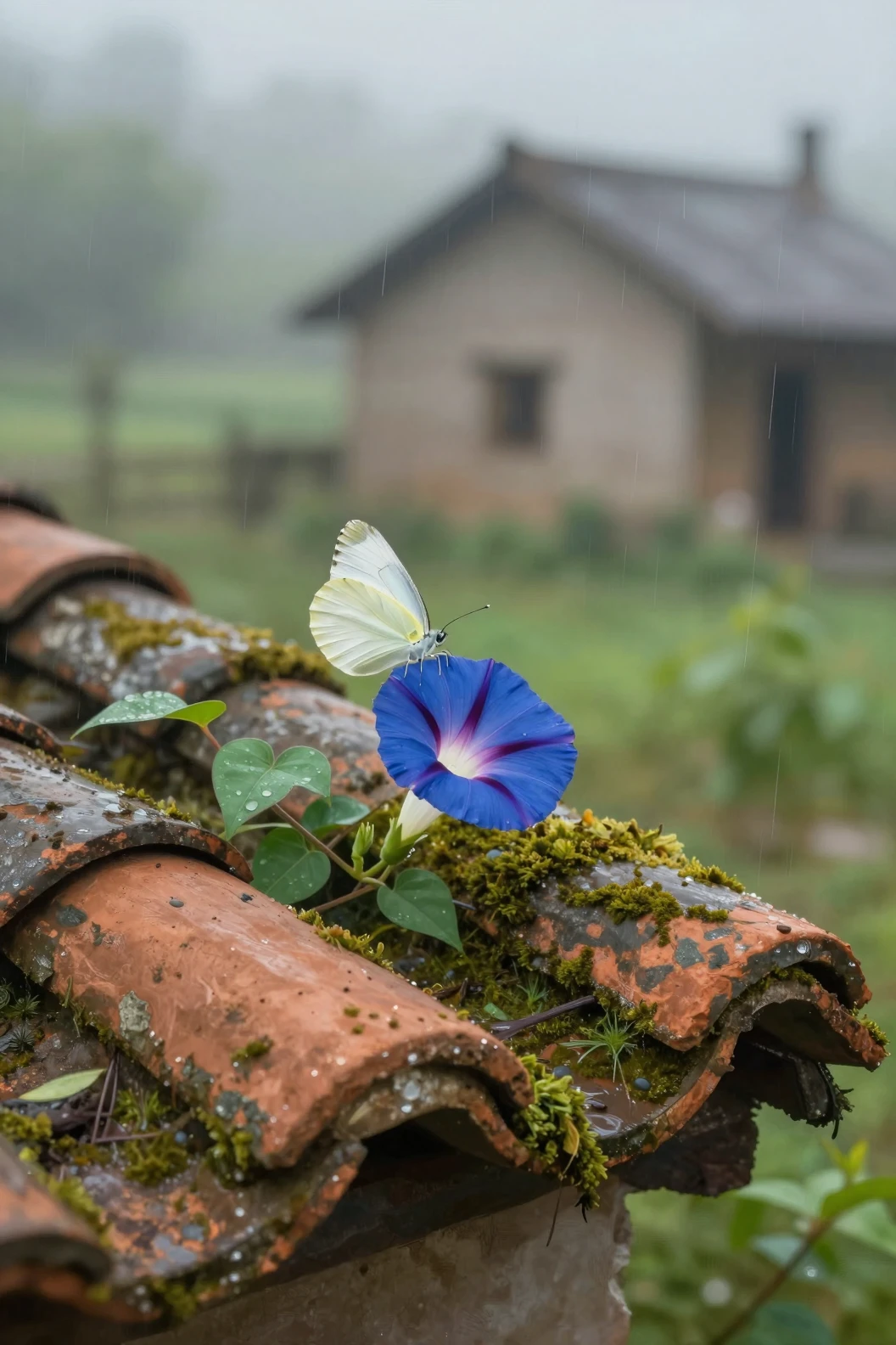 Una campanilla florece bajo una lluvia suave sobre tejas de barro cubiertas de musgo