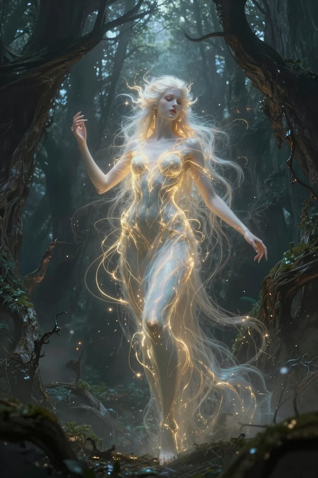A Radiant Deity Emerges From A Dense, Shadowed Forest