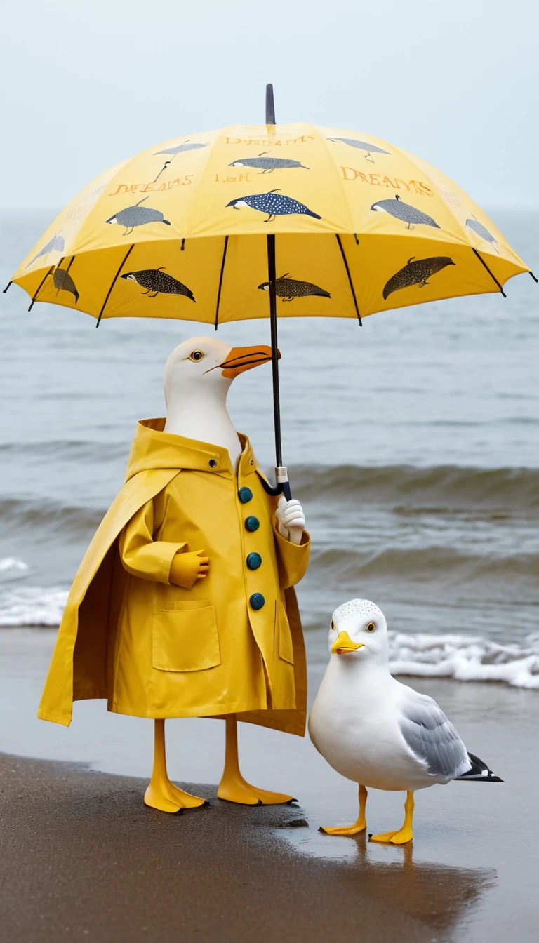 Uma gaivota de capa de chuva amarela está sob um guarda-chuva estampado com peixes