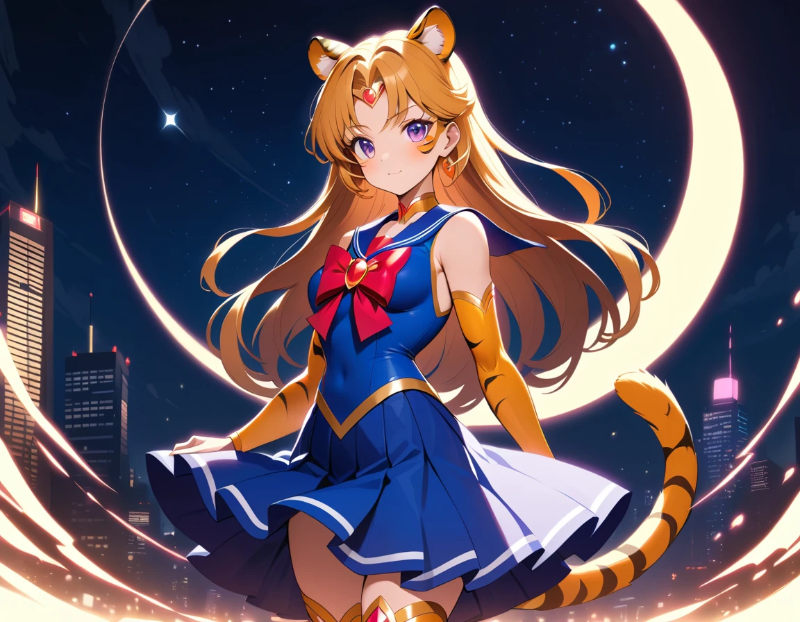 Eine Tigerfrau in Matrosenuniform steht unter einem leuchtenden Mond