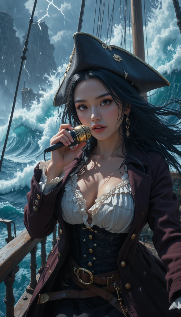 Capitã pirata de anime enfrenta ondas gigantes a bordo de um navio açoitado pela tempestade