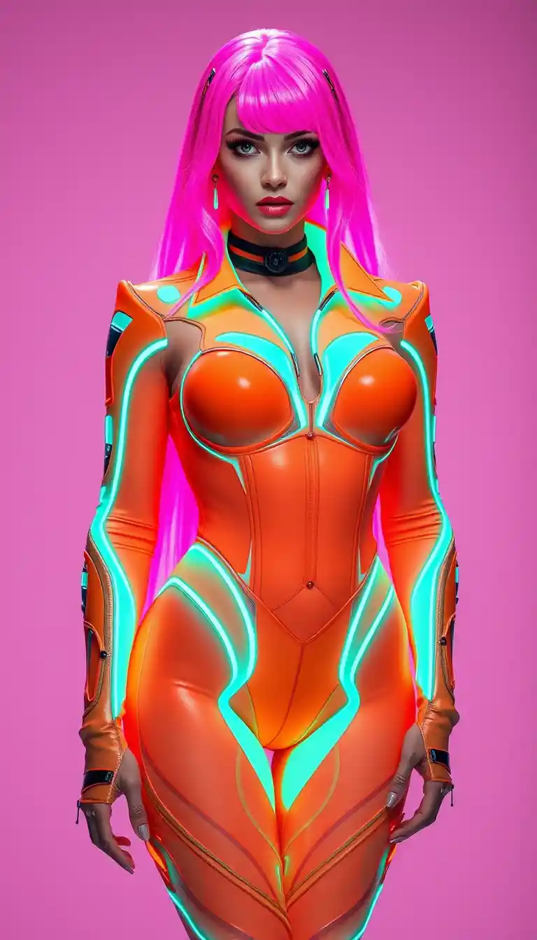 Donna formosa con capelli rosa neon e un look futuristico arancione