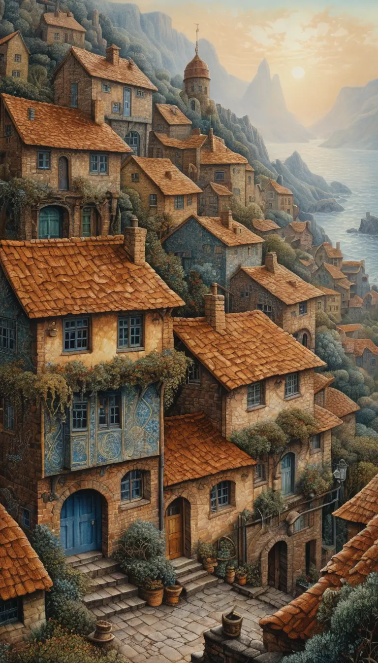 Stone Houses Disappear Into Ornamented Fog Above a Weathered City