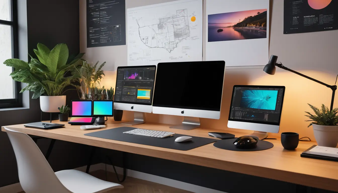 Moderner Arbeitsplatz für Webdesigner mit Curved-Monitor und Kreativ-Tools